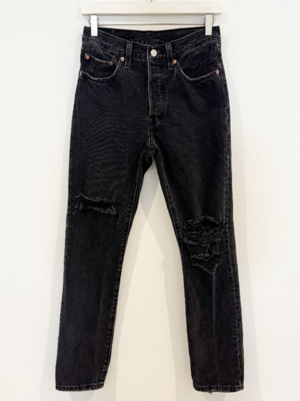 Levis 501 Jeans Size 26 Black Denim Button Fly Distressed Straight Pant Grunge
